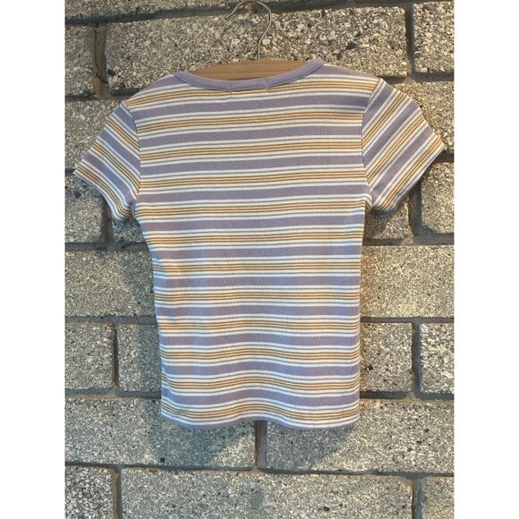Full Tilt Essentials Womens Striped Lavender & Mustard Ribbed Short Sleeve Tee M - Picture 6 of 7